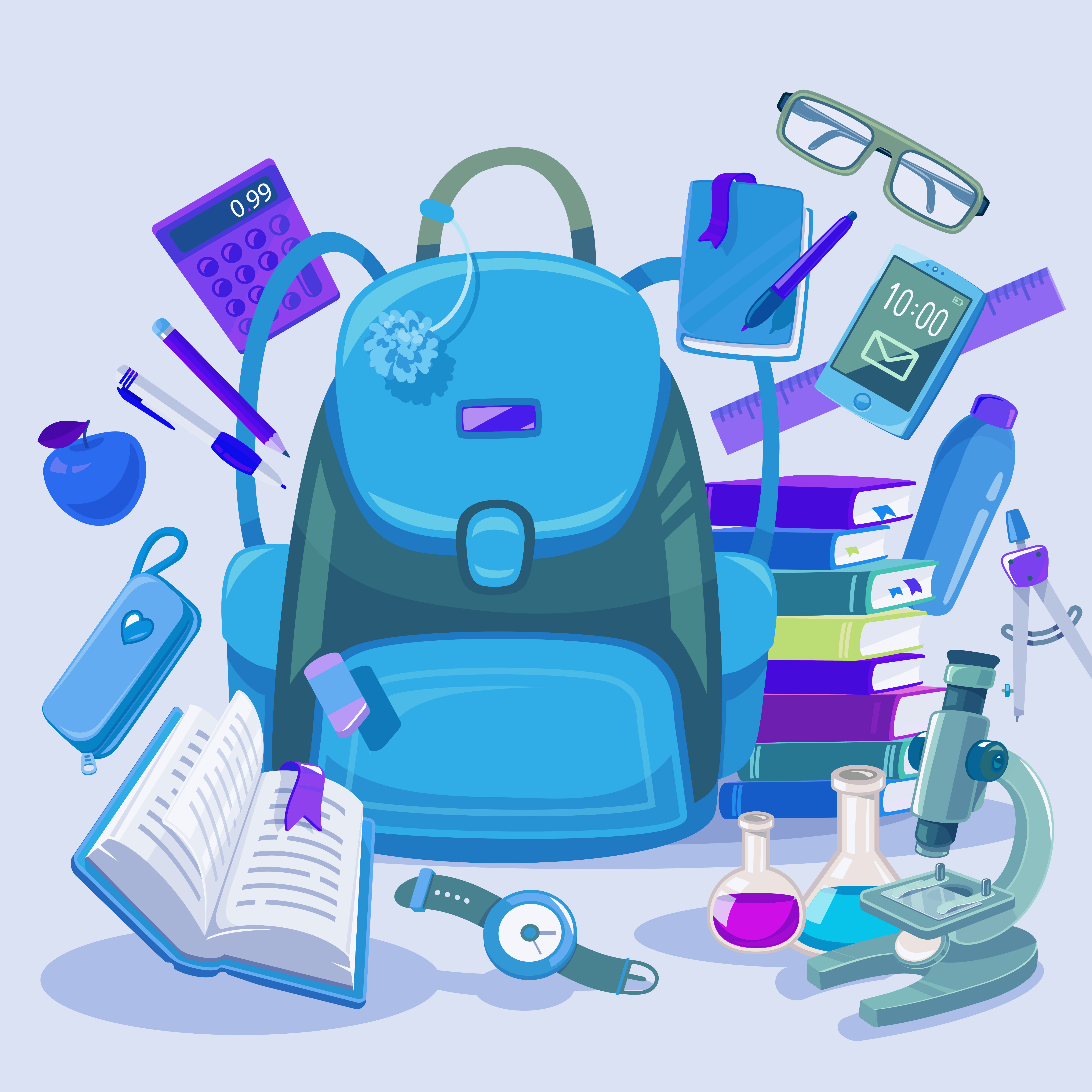 Vector colorful illustration of big girl pink backpack, pile of books, phone, microscope, apple, pen and other many school supplies on light background. Art design for web, site, advertising, banner, poster, brochure, board